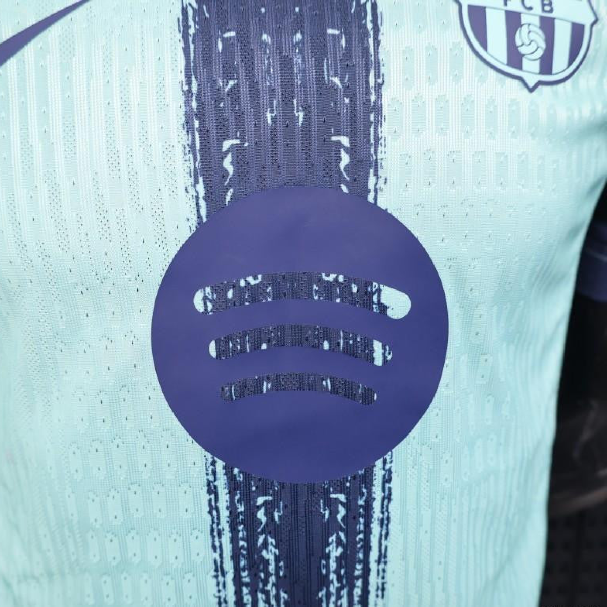 Player Version 25/26 Barcelona Blue 125Th Anniversary Mint Green Jersey with Navy Blue Stripe and Spotify Sponsor