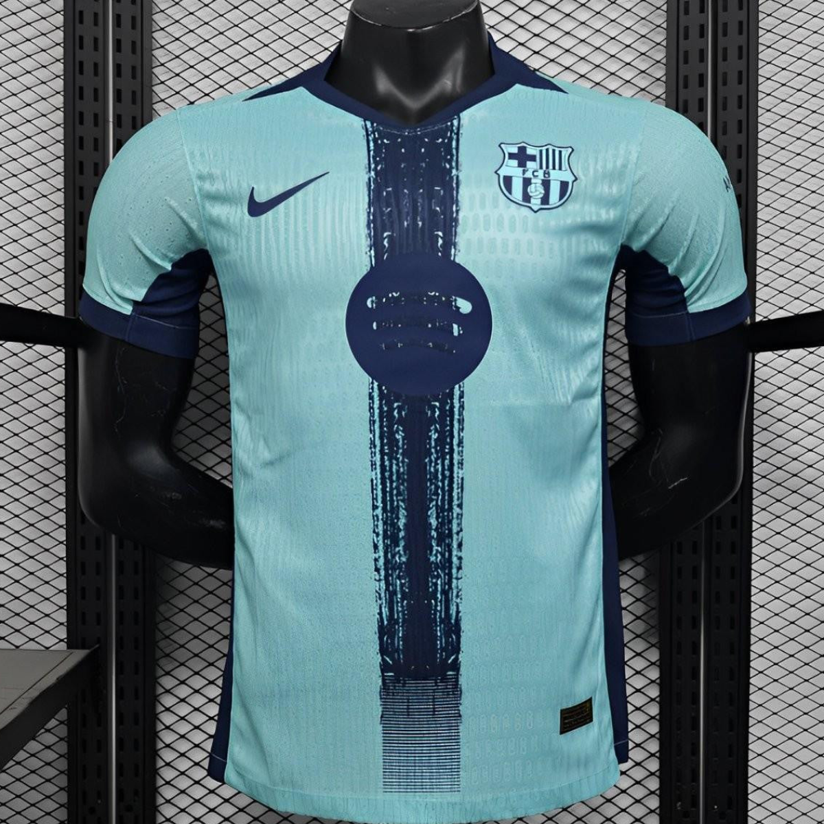 Player Version 25/26 Barcelona Blue 125Th Anniversary Mint Green Jersey with Navy Blue Stripe and Spotify Sponsor