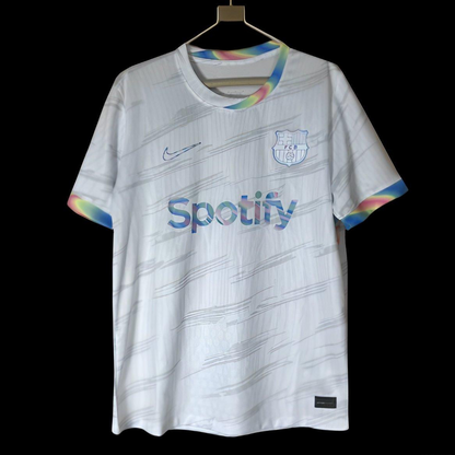25/26 Barcelona White Nike Football Jersey with Spotify Sponsorship and Rainbow Accents