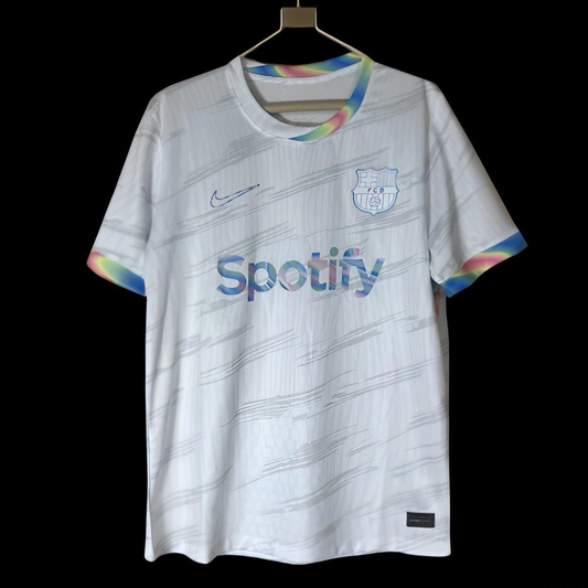 25/26 Barcelona White Nike Football Jersey with Spotify Sponsorship and Rainbow Accents