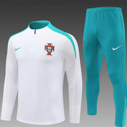 2024 Portugual White Half Zipper Jacket+Long Pants