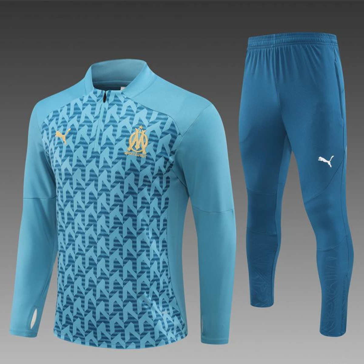 24/25 Olympique Marseille Blue Grid Half Zipper Jacket+Long Pants