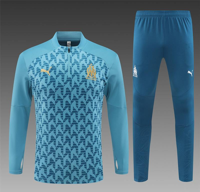 24/25 Olympique Marseille Blue Grid Half Zipper Jacket+Long Pants